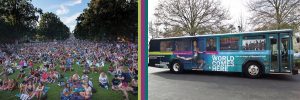 Image shows a crowded outdoor student gathering on the left and an inside of a Chapel Hill transit bus on the right.