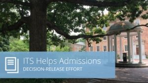 Words "ITS helps admissions: decision-release effort" on top of Old Well photo