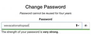 The example of wevacationattopsail is displayed in the change password form. The feedback shown: "Password cannot be reused for four years" and "The strength of your password is very strong."
