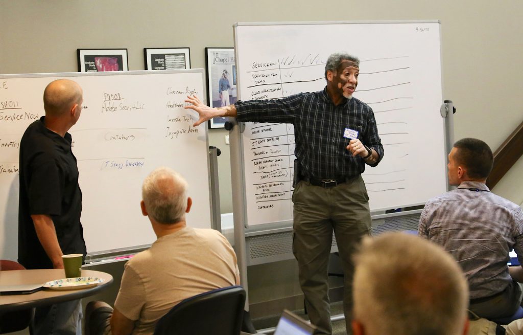 Hiawatha Demby in front of the white board at the 2016 BarCamp