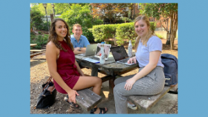 ITS Communications student workers Isabella Gonzalez, Jacob Saunders and Claire Maloney, in the ITS Franklin courtyard in June 2019