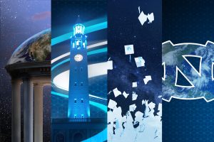 Four UNC-themed illustrations: Old Well, Bell Tower, graduates throwing caps into air, interlocking N and C