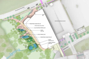 Site plan showing building adjacent to existing parking garage