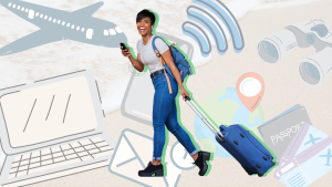 woman smiling while holding smartphone and pulling rolling luggage, composited over technology and travel icons