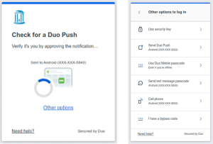two views of new Duo prompt, one showing a Push and the device it was sent to, the other showing all authentication options configured for an account