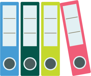 Illustration of four notebooks lined up in a row, in UNC blue, dark green, light green, and pink colors..