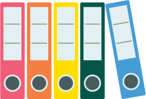 Illustration of five notebooks lined up in a row, in pink, orange, yellow, green and UNC blue colors.