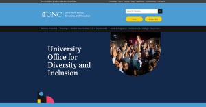 Landing page of UODI website, showing a dark blue background with the UODI name and a photo of students rushing Franklin Street.