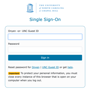 Current single sign on interface, showing fields for both Onyen and password and a "next" button