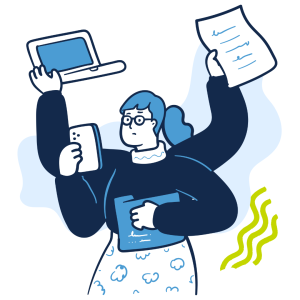 A cartoon woman with four arms looks perplexed. In her arms she holds a folder, a smartphone, a laptop, and a document.