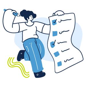 A cartoon woman holds a giant digital privacy checklist and pencil.