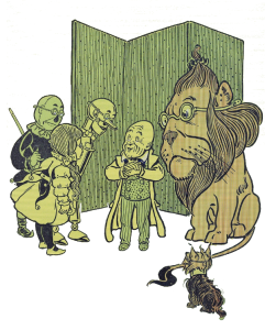 In an illustration from an early print edition of The Wizard of Oz, Dorothy, the Tin Man, Scarecrow and the Cowardly Lion confront the Wizard while Toto looks on.