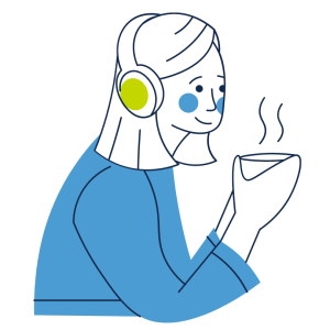 A cartoon woman looks relaxed, holding a steaming cup and wearing headphones