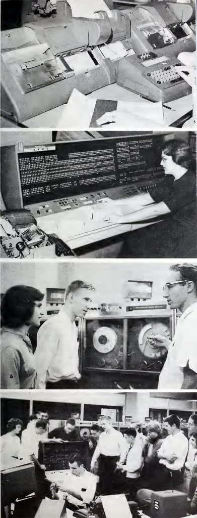 A column of four black and white images. The first shows a woman's hands typing punch cards. The second shows a woman programming inputs on the UNIVAC 1105. The third shows a man showing the tape drives of the machine to two people, a man and a woman. The fourth shows Chapel Hill High School students, including several women, clustered around the computer.