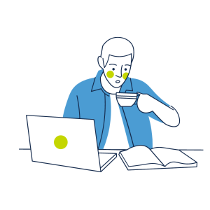 A cartoon man drinks coffee while looking at an open book and an open laptop