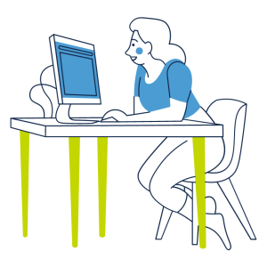 A cartoon woman looks engaged at her desk while browsing her computer