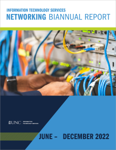 The cover of the Networking Biannual Report for June through December 2022, featuring a photo of a man's hands working on a networking switch