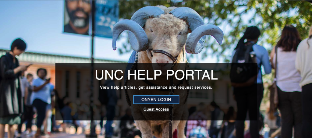 A mockup of the new Help Portal refresh splash page. The page is a large photo of a live Ramses standing in the Pit. There's an overlay box that reads UNC Help Portal with a large Onyen login button
