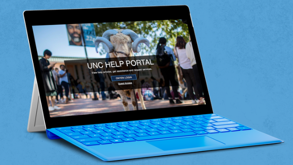 A blue surface tablet shows the new portal splash page featuring a photo of Ramses