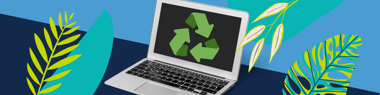 For Earth Day, a laptop computer showing a reduce, reuse, recycle symbol floats on stylized green leaves