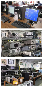 A three photo collage of items for sale in the University Surplus retail store, including working computers, a stack of projectors and dozens of computer monitors