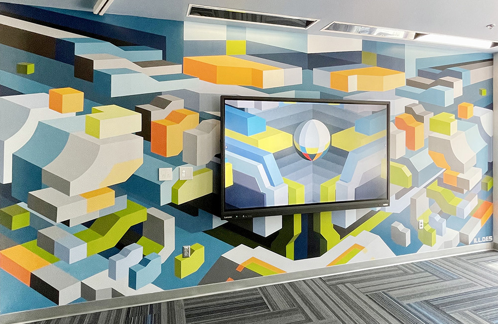 The Command Center mural features blocky, brightly-colored shapes floating in space, creating a techno-futuristic vibe