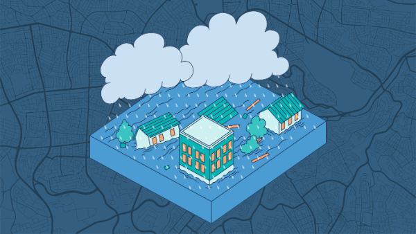 A blue-toned road map is overlaid with an illustration of flooded houses and buildings