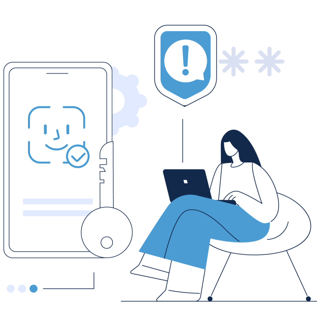 An illustration of a woman using a laptop. Next to her, a giant phone displays the face ID logo