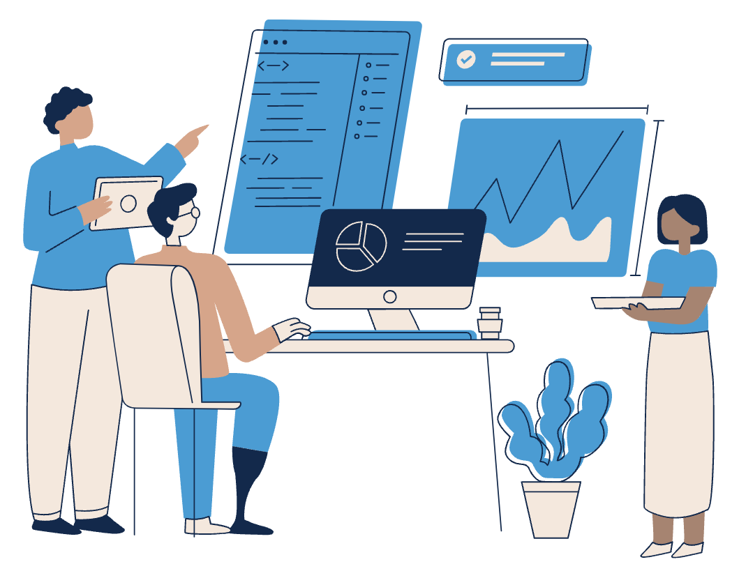 In an illustration, team members collaborate on a system upgrade