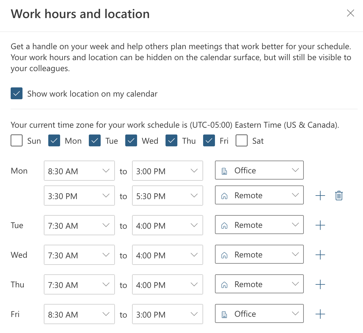 Screen shot of work hours and location, which allow for multiple start and end times in one day and in office and remote flags for each time block