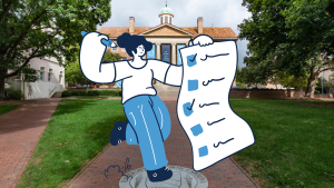 A cartoon woman carries an oversized checklist superimposed over a photo of South Building