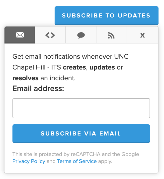 Screenshot of subscribe to status interface. Shows "subscribe" button and space to add email address