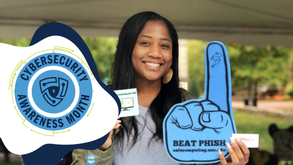 Cybersecurity Awareness Month logo, which features a digital shield over a photo of a smiling ITS staffer holding a "beat phish" giant foam finger