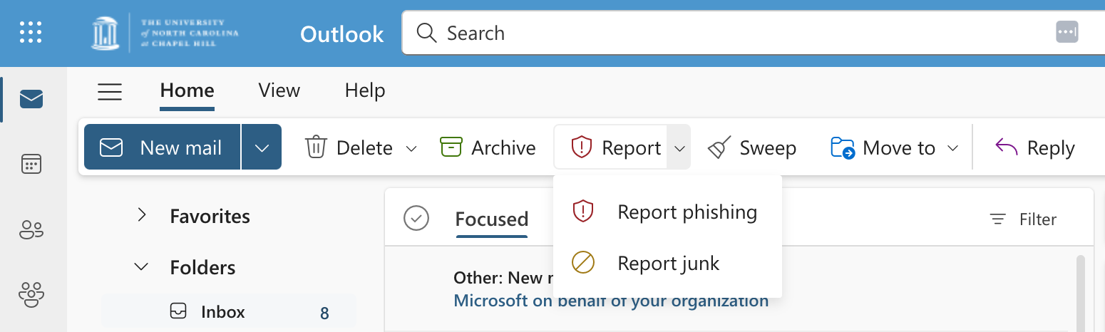 In Outlook online, the report phishing button is on the toolbar, just above the inbox. It includes a dropdown arrow with the options to report phishing and report junk