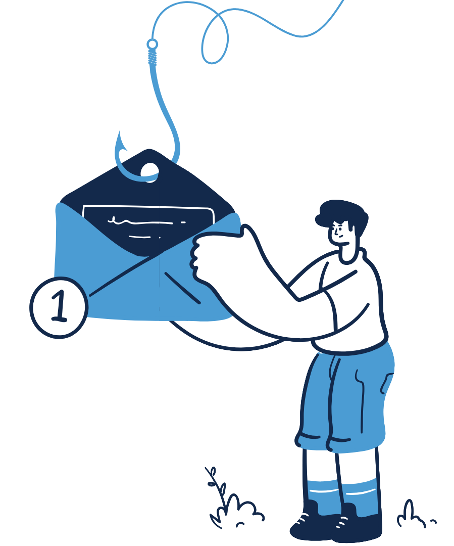 A doodle drawing of a person holding a giant envelope with a phishing hook in it