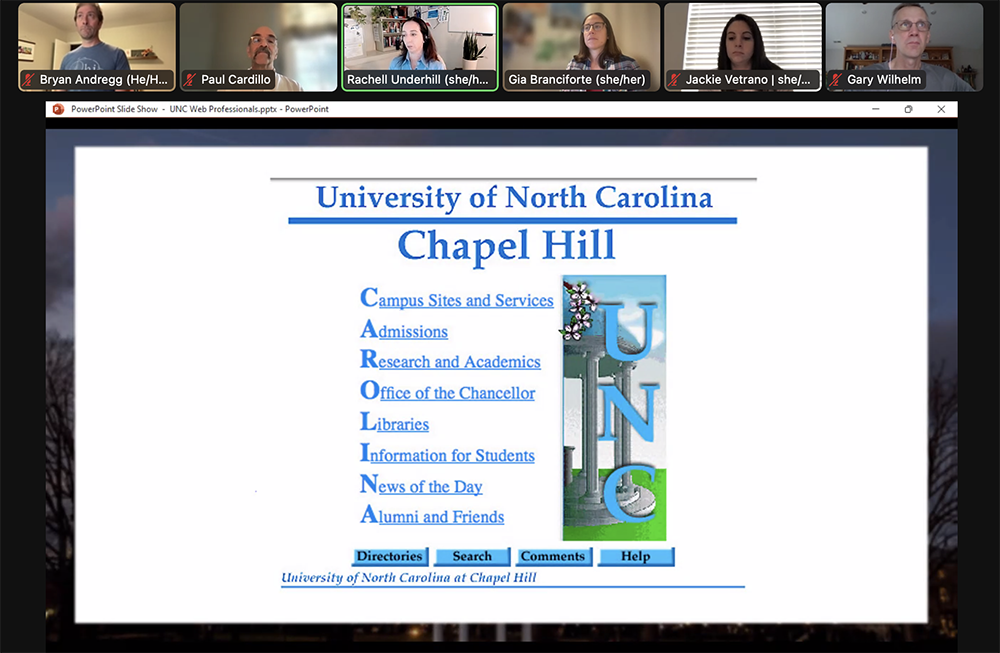A Zoom window sharing a screen. A very 1990s looking webpage has Carolina spelled out as an acrostic with links to sites like the libraries making up the "L."