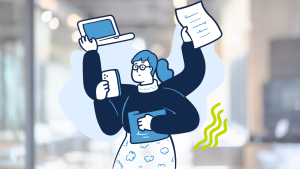 A cartoon woman with four arms juggles a laptop, a smartphone, a folder, and a document