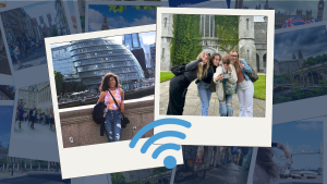 A collage of polaroid-style photos. In one, Lesley Gonzalez stands in front of the London Shard. In another, Lila and friends pose for a silly selfie in Galway.