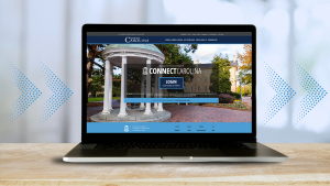 A mockup of the new ConnectCarolina landing page, with a large photo of the Old Well with an grey transparent box overlaid. In the center is a login button