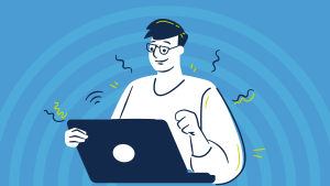 An illustrated man wearing glasses looks at his laptop