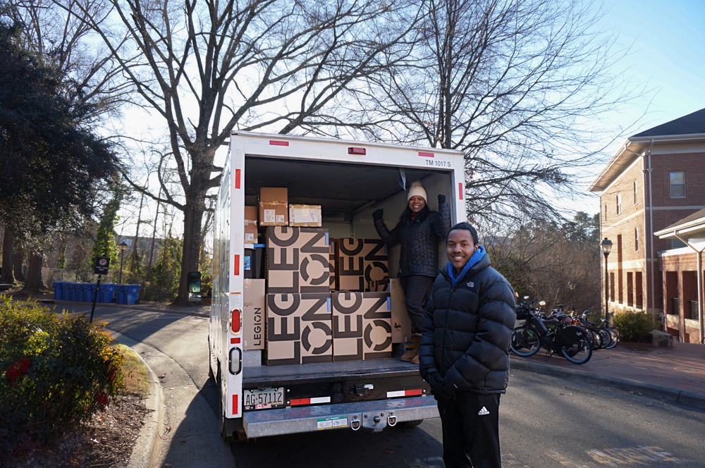 On a cold January day, two NC Esports Academy reps load a truck full of gaming desktops from the arena