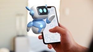 A hand holding a smartphone while a cute robot assistant hovers nearby