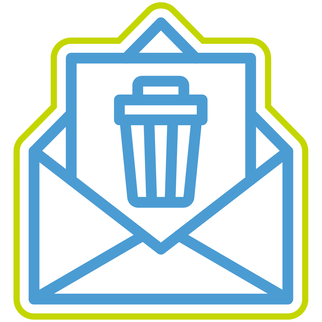 An open envelope icon, revealing a trash can
