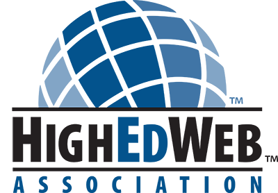 The High Ed Web association logo, which is a tilted globe