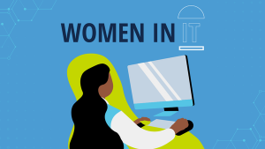 A cartoon woman uses a computer. Women in IT is spelled out above her, with the IT making a representation of the Old Well