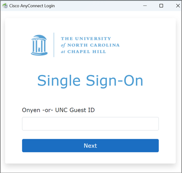 Screenshot of the future VPN interface, which says Single Sign-On and asks for Onyen or Guest ID and displays a next button