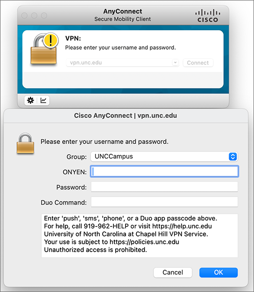 Screenshot of the current VPN login process, where you enter your Onyen and password, then a Duo command like "push" or "sms"