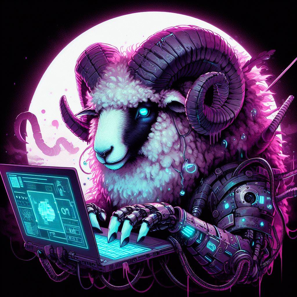 A cyborg ram, lined with bright lights, types on a glowing neon laptop