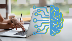 A brain and circuitry, representing AI, are overlaid on a photo of a person typing on a laptop