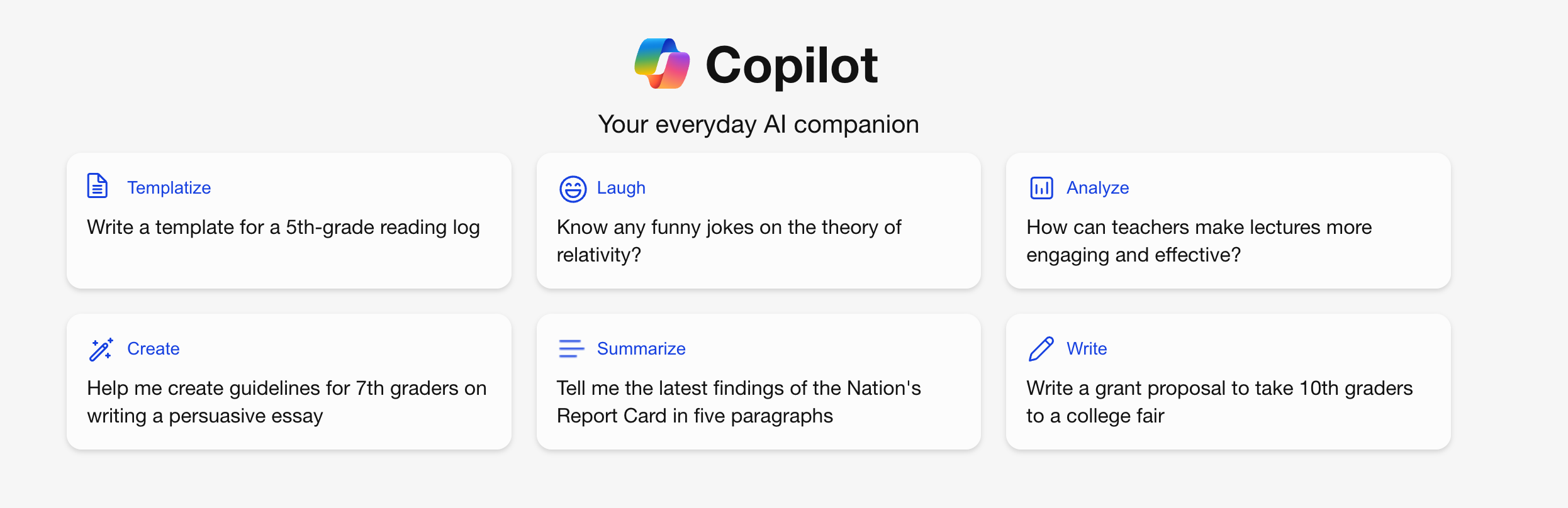 Screenshot of the top section of Microsoft Copilot, which helps you get started with AI by showing examples, like telling a joke, summarizing content or creating a lesson plan